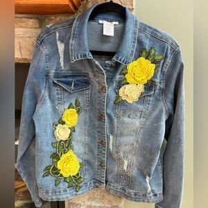 K Jordan distressed Denim Jacket with Yellow Floral Embroidery/appliqués/studs